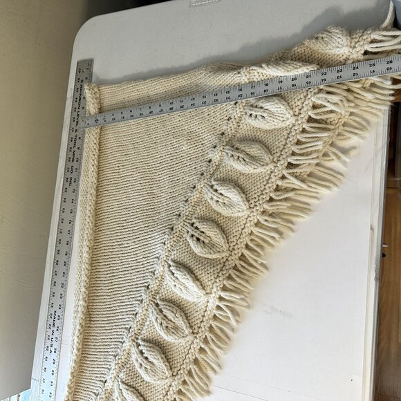 Handmade Knit Cream Shawl With Fringe Leaf Pattern Design 90 X 24 Cozy Cottage - Picture 2 of 8